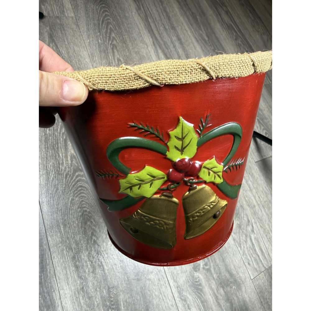 Christmas Red Metal Waste Basket Trash Can Burlap Rim Bells Holly 7 1/2” Tall